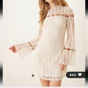 ASOS DESIGN-Crochet Long Sleeve Mini Dress with Ring Detail in Cream-Size 6